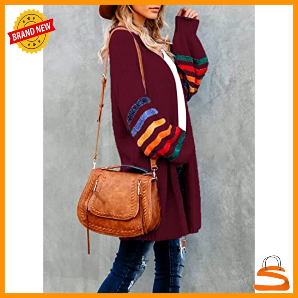 Long Open Front Cardigan Striped Color Block Loose Knit Sweater Outwear Coat - Picture 4 of 7